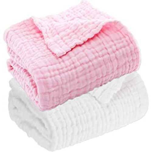 Aablexema Muslin Baby Blanket Set of 2, 6-Layers 43 x 43 Inches Baby Bath Towel Swaddle Wrap Blankets for Newborn Girls(White & Pink)