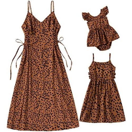 Mommy and Me Matching Dresses Floral Ruffled Backless Midi Beach Dress Self-Tied Belt Summer Mom Daughter Matching Outfits