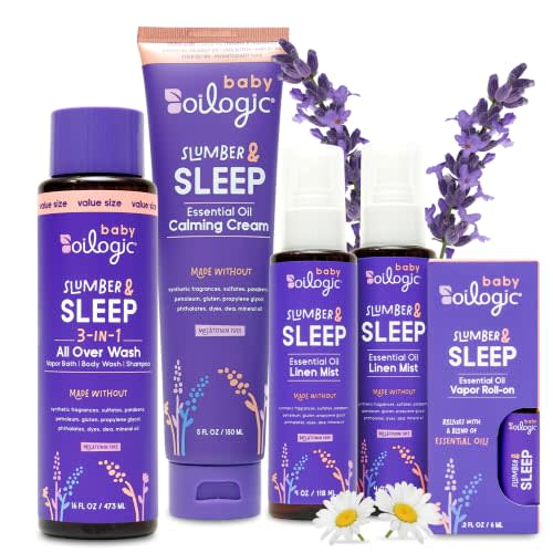 Oilogic Slumber & Sleep Bath Baby Essentials Gift Set - Baby Care Products | Gentle All Over Wash, Calming Cream, Sleep Spray & Roll-On Essential Oils - Pediatrician-Tested for Baby Sleep & Comfort