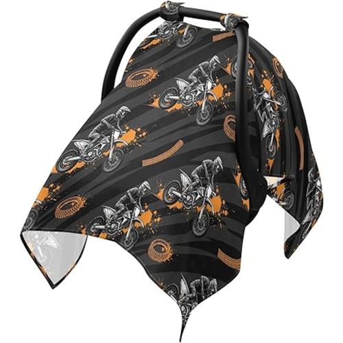 Motorcycle Race Black Pattern Baby Car Seat Cover Breathable Infant Car Seat Cover for Babies Lightweight Carseat Canopy Muslin Cotton Baby Carseat Covers for Boys Girls