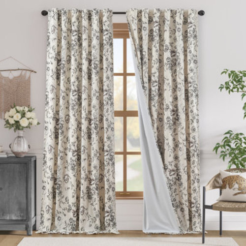 Linen Blackout Peony Flower Printed Rod Pocket Curtain Pair | Wayfair