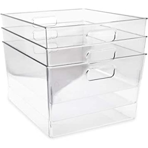 Isaac Jacobs 3-Pack XL Clear Storage Bins with Handles, Plastic Organizer for Office, Home, Kitchen, Pantry, Closet, Kids Room, Cube Shelf, Non-Slip Container Set (3-Pack, Extra-Large)
