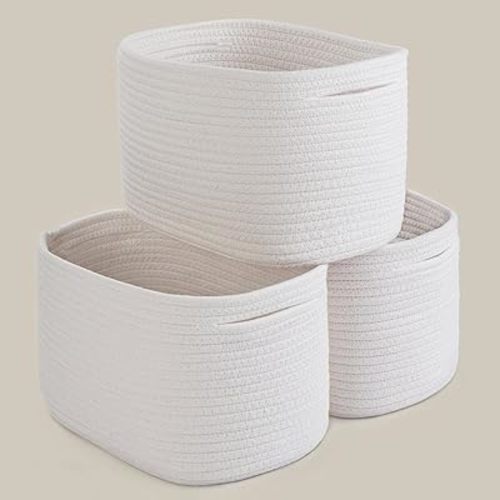 PROLAND White Woven Basket for Organizing Storage Basket, Cube Shelf Closet Storage Baskets Set 3, Long-lasting & Skin-friendly Toy Storage Basket Bin, Stylish Decor Basket, Cotton Rope Basket