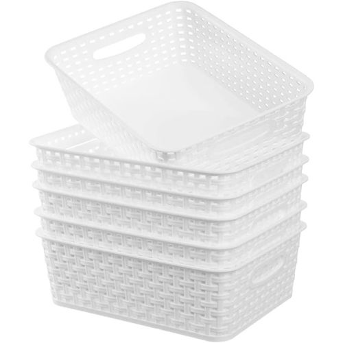 White Plastic Woven Storage Baskets, 6-Pack Weave Basket Organizer for Kitchen Office Bathroom