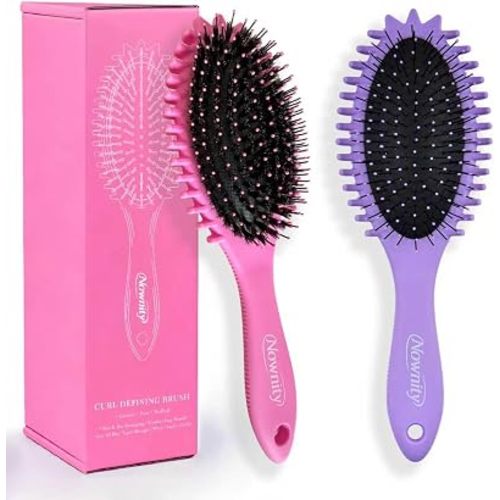 2 Pack Detangling Hair Brush Set with Boar Bristle Brush & 2 Cleaning Brushes, Wet & Dry Hair Brushes for Curly, Wavy, Thick Hair, Gentle No-Pull Detangler for Women, Kid (Pink+Purple)