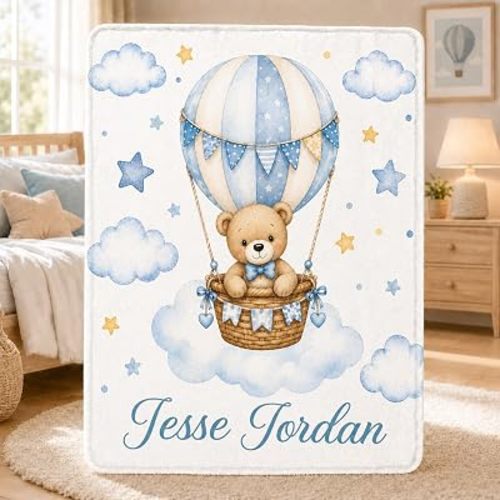 Personalized Baby Boy Blanket with Names, Teddy Bear Hot Air Balloon Flannel Throw, Custom Blue Sky Nursery Bedding for Twins, Siblings, Newborns and Toddlers, Baby Shower Birthday Gift