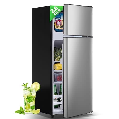 DEMULELR Small Refrigerator with Freezer 2.6 Cu.ft Dual Door Mini Fridge with 3 Removable shelves & Extra Drink Space Fridge for Office 14.77" W x 15" D x 35" H, Mini Refrigerator for Dorm, Silver