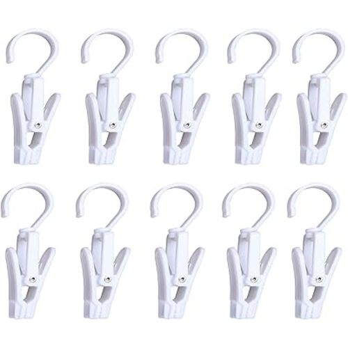 Super Strong Swivel Hanging Hooks - Laundry & Curtain Clips, Clothes Pins - Beach Towel Clips, 4.3-inch, White (10-pack)