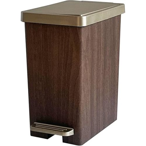 Compact Trash Can with Lid, 15 Liter/3.9 Gallon, Plastic Slim Garbage Can for Home, Bathroom, Kitchen, Office, Living Room, Bedroom, Vintage Waste Bin with Foot Pedal and Touch Top