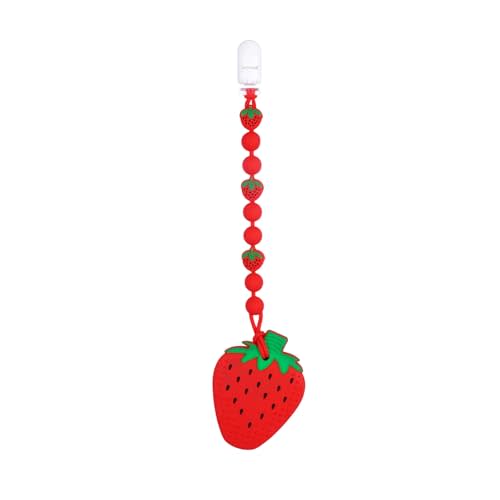 Cute Strawberry Baby Food Grade Silicone Teether Toy with One Piece Design Pacifier Clip Holder,Teething Pain Relief Toys Gift Set for 3 Months+ Boys and Girls,Freezer Safe,BPA Free