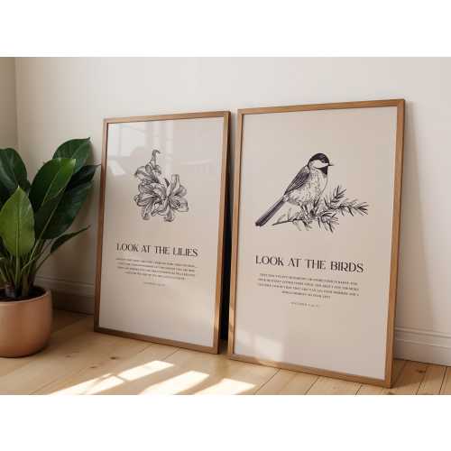 Matthew 6 Bible Verse Print Set: Lilies & Birds, Christian Wall Art
