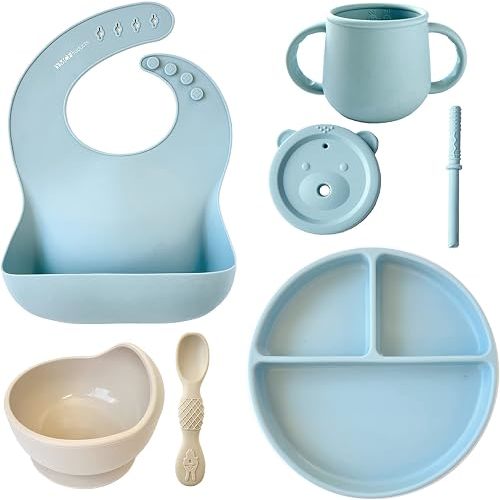 Baby or Toddler 7-Pieces Feeding Set | Silicone Bib, Suction Plate, Cup w/Lid, Straw, Bowls & Spoons | Dishwasher-Safe (Blue/Beige)