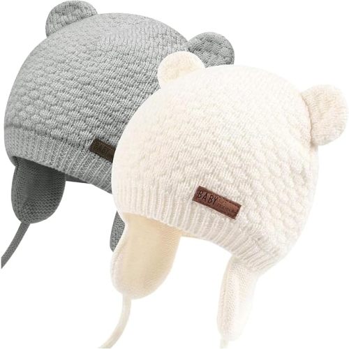 Baby Winter Hat, Bear Knit Earflaps Cotton Lined for Toddler Kids | Windproof bear earflap; double layer cotton lined knit; unisex infant hat, 3 sizes 0-18m for autumn winter daily wear