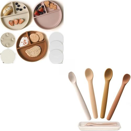 Moonkie Suction Plates for Baby 3 Pack and Silicone Baby Spoons Set of 4, 100% Silicone BPA-Free Baby Plates with Lids & Food Cover and Two Sizes Feeding Spoon with Case, Bundle