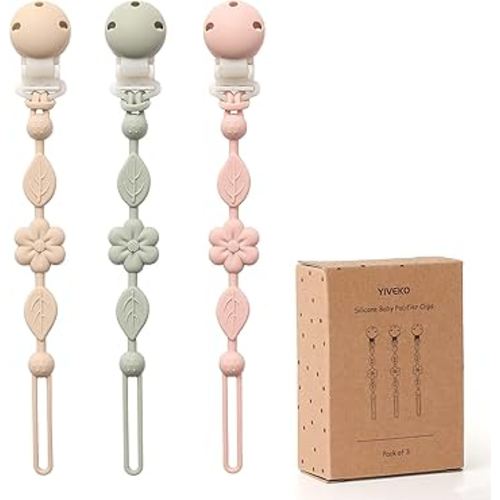 Pacifier Clips for Baby Silicone Pacifier Holder Clips for Boys Girls One Piece Baby Binky Clips YIVEKO Pacifier Clips Flower 3Pcs-Ivory+Sage+Blush