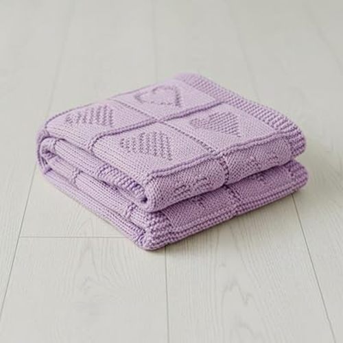 Baby Knit Cotton Blanket Lilac Heart Texture Soft Cotton Nursery Crib Throw for Baby Shower Birthday Size 30x40