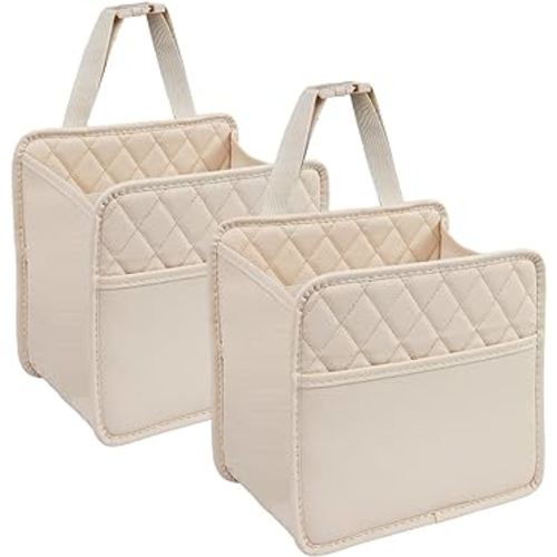 Updated Car Back Seat Organizers and Storage, Backseat Car Organizer, Premium PU Leather Front & Backseat Car Organizer Universal Waterproof Hanging Car Seat Organizer (Beige 2Pack)