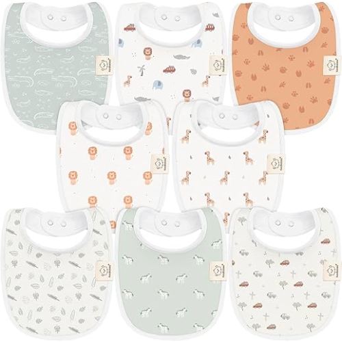 8-Pack Organic Baby Bibs for Boys, Girls - Soft Cotton Drooling and Teething Bibs for Baby Girl & Boy, Extra Absorbent, Easy to Clean & Put On for Toddler, Newborn, Infant 0-24 Months (Wilderness)