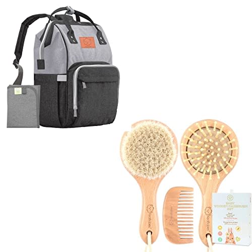 Diaper Bag Backpack and Baby Hair Brush and Comb Set for Newborn Bundle - Waterproof Multi Function Baby Diaper Bag (Graphite) - Wooden Hairbrush with Soft Goat Bristles for Cradle Cap (Round)