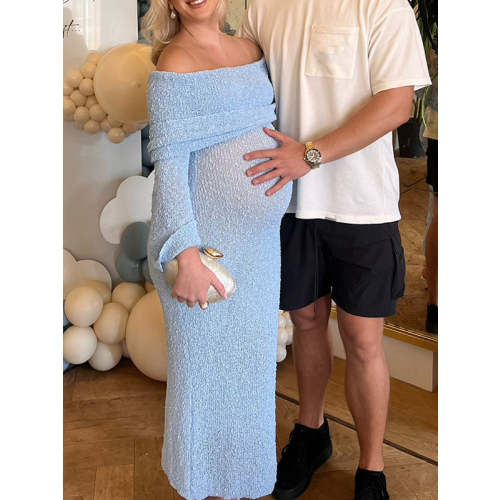 Momyknows Blue Knitted Off Shoulder Bodycon Crochet Flare Sleeve Elegant Baby Moon Beach Vacation Maternity Photoshoot Baby Shower Maxi Dress