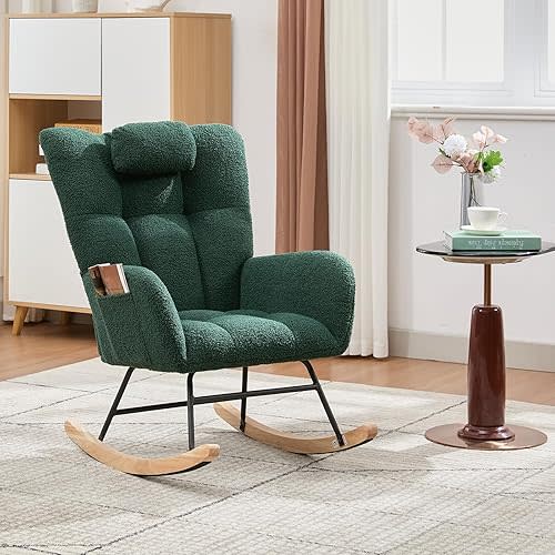 Rocking Chair Nursery Teddy, Upholstered Baby Fluffy Glider Rocker for Adults Small Spaces Indoor,Nursing Chairs for Living Room, Bedroom, Classroom(DarkGreen)