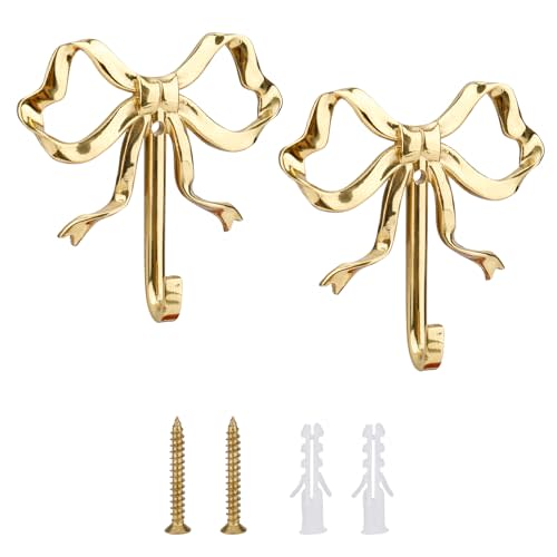 lasuroa 2pcs Bow Knot Wall Hooks, 2.6x2.5in Gold Bow Knot Coat Hooks Cute Butterfly Door Hangers Decorative Bows Wall Hook for Coats Hats Bags Towels Coffee Mugs