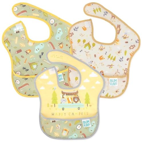 Bumkins Bibs for Girl or Boy, SuperBib Baby and Toddler 6-24 Months, Essential Must Have for Eating, Feeding, Baby Led Weaning Supplies, Mess Saving Catch Food, Waterproof Fabric 3-pk Happy Campers