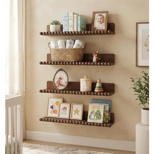 4Packs Floating Shelves with Wooden Beads 15.8'' Scalloped Floating Bookshelf for Wall Wooden Nursery Book Shelves Set of 4 Solid Wood Nursery Floating Shelves for Bathroom Bedroom Living Room