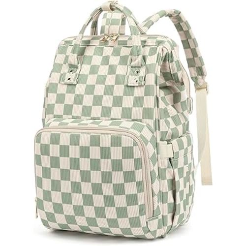 Baby Diaper Bag Backpack for Mom, Large Capacity Travel Nappy Bag for Boys & Girls with Stroller Straps (Corduroy Checkered Green)