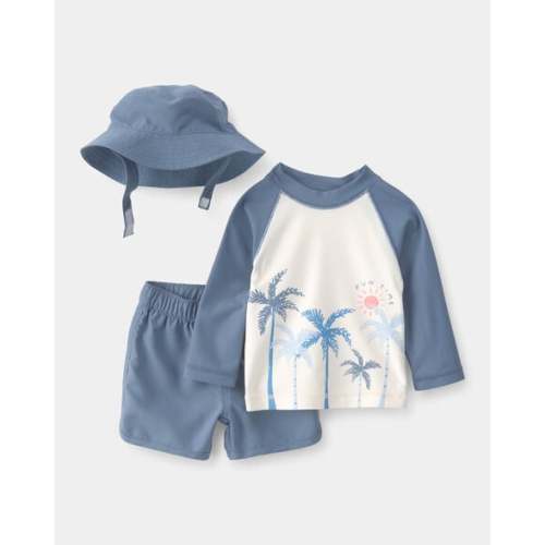 Baby Boy 3-Piece Palm Tree Long-Sleeve Rashguard Swimsuit Set - Blue/White | Carter's