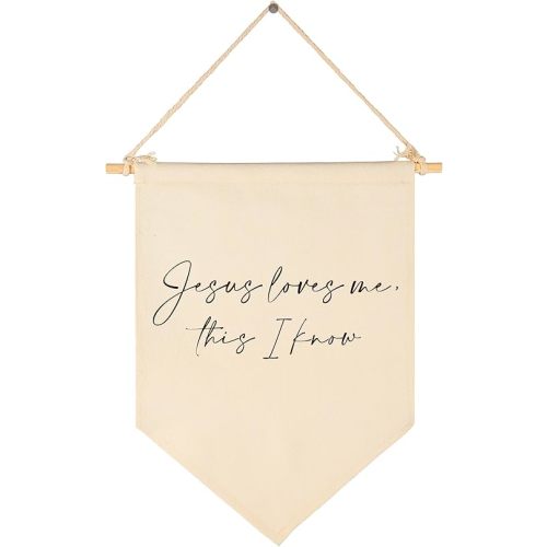 Jesus Loves Me This I Know-Scripture Pennant Flag Sign Gift for Baby Boys Girls Kids-Christian Bible Verses-Canvas Hanging Pennant Banner Wall Decor Gift for Nursery Baby Room Homeschool Playroom