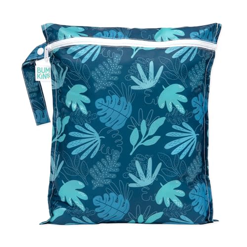 Bumkins Waterproof Wet Bag, Washable, Reusable for Travel, Beach, Pool, Stroller, Diapers, Dirty Gym Clothes, Wet Swimsuits, Toiletries, 12x14 – Blue Tropic