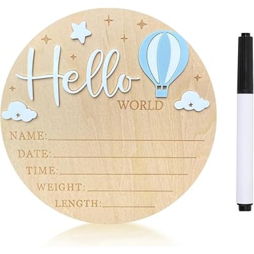 Baby Announcement Sign, 5.9 Inch Wooden Hello World Newborn Sign,Welcome Baby Signs,Birth Announcement Signs,Newborn Name Personalized for Photo Prop Clouds Balloon Design Hospital Nursery (White)