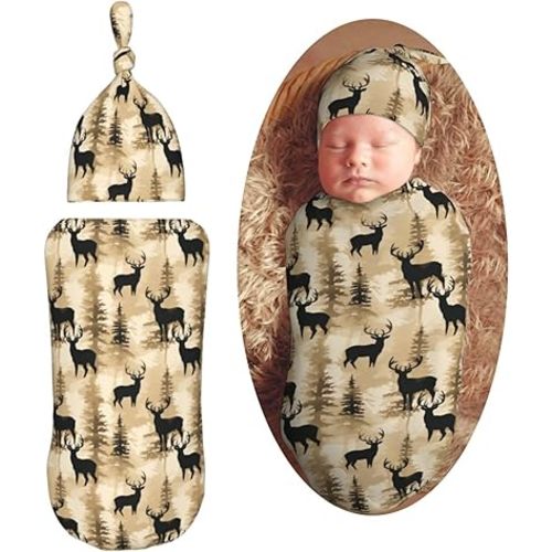 Deer Hunting Camo Tree Newborn Swaddle Blankets Hat Sets Soft Baby Receiving Blanket Swaddle Sack for Baby Shower Infant Boy Girl Gift