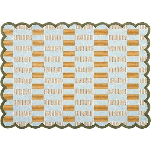 Hand-Tufted Wool Rug with Scalloped Edges, Light Blue Plaid Pattern, Cozy Soft Area Rug for Living Room, Bedroom, and Nursery, Handmade Modern Accent Rug, 6x8 Ft
