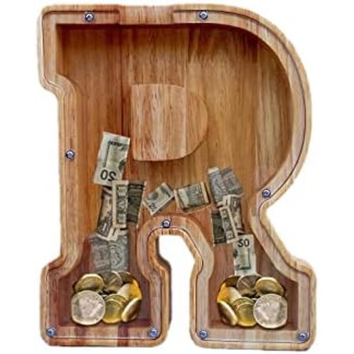 Large Piggy Bank for Kids Boys Girls, Personalized Wooden Letter Piggy Bank with Cut-Out Design, Alphabet Letter Coin Banks, Money Savings Box,Birthday Present for Kids Adults and Home Decoration (R)