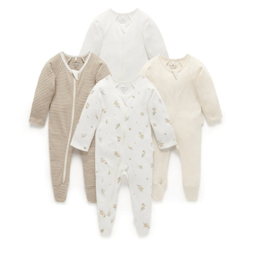 4 Pack Baby Growsuits – Vanilla Wattle Bee | Purebaby - Purebaby