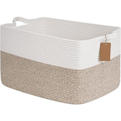 Goodpick Woven Storage Basket, 22”x17”x12” Large Blanket Storage for Living Room, Rope Baskets for Organizing, Rectangle Nursery Toy Box With Handles, Brown and White