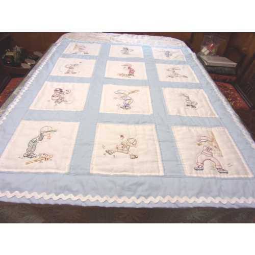 Baseball Players Baby quilt/crib cover/lap robe.  12 white squares hand embroidered with Little Leaguers 53X40In.