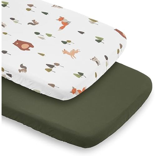 Sweet Jojo Designs 2-Piece Baby Bassinet Sheets Set (Woodland Animals) for Girls & Boys, Infant Nursery, Toddler Room - Oval Rectangle Hourglass Mattress (Solid Green & Watercolor, Forest Friend, Fox)