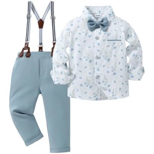ZOEREA Toddler Baby Boy Suit Clothes Gentleman Wedding Outfits Long Sleeve Dress Shirt + Suspender Pants + Bowtie 1-5T