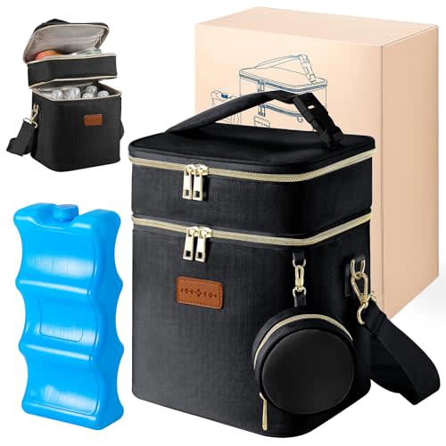 Breastmilk Cooler Bag with Ice Pack & Pacifier Case, Large Double Layer Insulated Baby Bottle Cooler Fits 6 Bottles, Breast Pump Storage Bag for Working Nursing Moms, with Gift Box