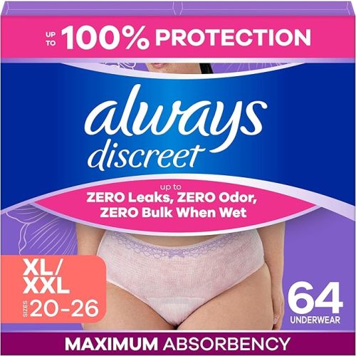 Always Discreet Adult Incontinence Underwear for Women and Postpartum Underwear, Extra Large, Up to 100% Bladder Leak Protection, 64 Count (2 Packs of 32)