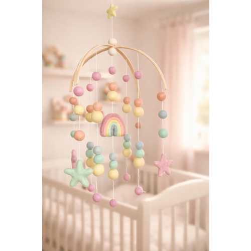 Pastel Rainbow Baby Mobile: Felt Ball Nursery Decor, Arched Bamboo Hanger