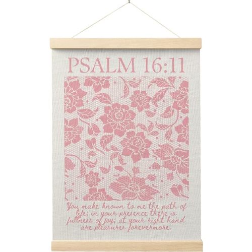 FGFK Pink Lace Floral Christian Wall Art Poster Hanger Frame, Christian Room Decor, Psalm 16:11 Bible Verse Canvas Prints Framed Wall Decor for Girls Bedroom Dorm Apartment, 12x16 Inch