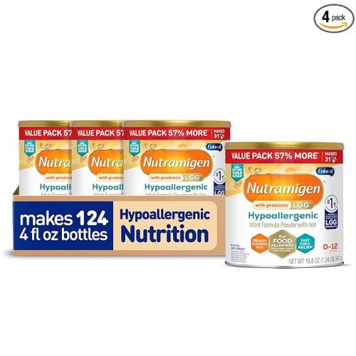 Enfamil Nutramigen Hypoallergenic Baby Formula with Iron, Lactose Free, Colic Relief from Cow's Milk Allergy Starts in 24 Hours, Brain Building DHA, Probiotic LGG for Immune Support, 19.8 Oz, 4 Count