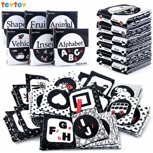 teytoy My First Soft Book, 6 PCS Nontoxic Fabric Baby Cloth Activity Crinkle Soft Black and White Books for Infants Boys and Girls Early Educational Toys Perfect for Baby Shower
