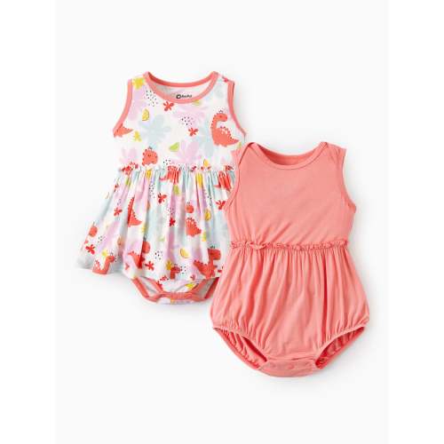Bamboo Baby Girl Solid Color and Cartoon Animal Pattern 2-Piece Sleeveless Dress With Bodysuit Set incarnadinepink