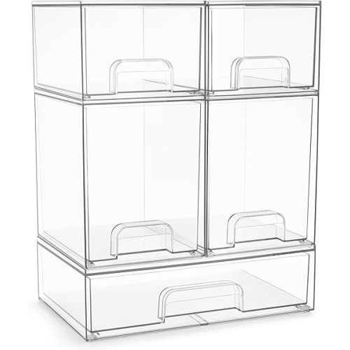 Sorbus Acrylic Storage Containers - 5 Pack, Stackable Storage Bins Set for Bathroom Organization - Clear Acrylic Drawer Organizers - Makeup Case Pull-Out Drawers (7.6’’ and 4.4’’ Tall and 12.1’’ Wide)