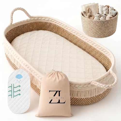 Baby Changing Basket Set, 100% Natural Woven Cotton Rope | 5 Pcs Unisex Moses Basket With Caddy, Changing Pad, Dual Layer Waterproof Cover & Tote Bag | Vacuum Pack - Ships Folded